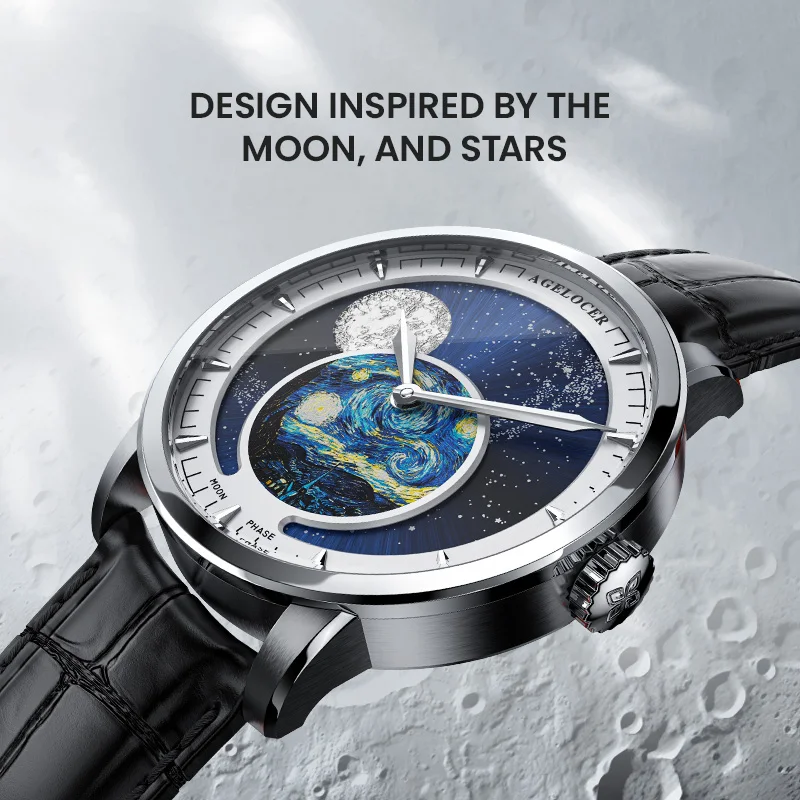 AGELOCER Original Astronomer Watch Van Gogh Oil Painting Men Luxury Automatic Mechanical Moon Phase Watch Birthday Gift for Men